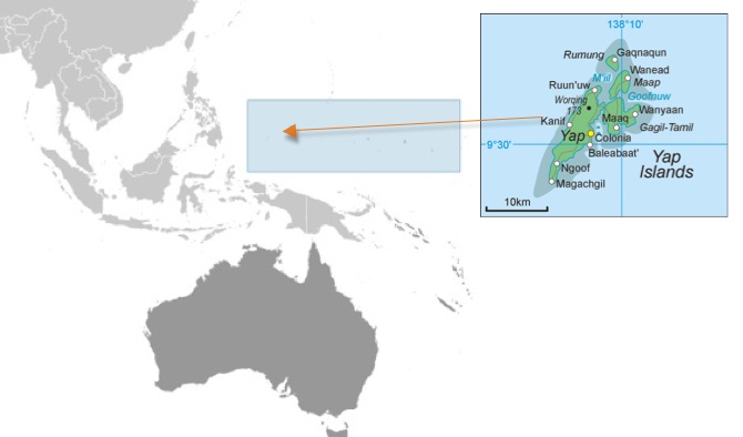 Yap, in the Caroline Islands, lies in the westernmost part of Micronesia (shown as a blue rectangle) – an endless sea dotted with 2,000 islands and a land area of just 1,260 square miles