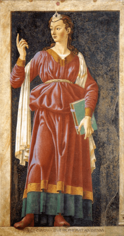 A Renaissance-era depiction of a young Cumæan sibyl by Andrea del Catagno. The painting can be seen in the Uffizi Gallery.