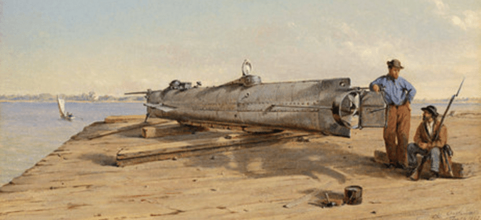 James McClintock's invention, the submarine H.L. Hunley, on a jetty at Mobile. Only a few weeks earlier, the submarine had sunk during a trial, killing all eight members of her crew. Detail from a contemporary painting by Conrad Wise Chapman.