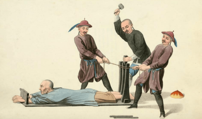 A prisoner is tortured in the ankle-press. From Mason & Dadley's The Punishments of China (1901).