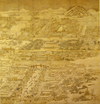 The Qing capital, Beijing, in 1767, the year before the soulstealing scare. This painting, by the court artist Xu Yang, shows the city's corth-south axis, from Coal Mountain to the north, south via the Forbidden City, with its Gate of Heavenly Peace, to the Zhengyang Gate, at the heart of the commercial sector, at the bottom of the image.