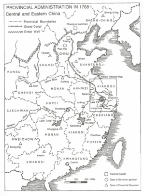 China in 1768, showing the provinces at the heart of the soulstealing panic (in box) and the course of the Grand Canal, along which the rumours seemed to spread. Click to view in higher resolution.