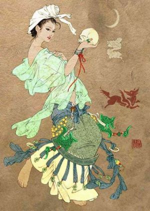 A Chinese fox spirit (hu xian). Such entities play a major part in Chinese folklore. They possess the power to transform into irresistibly seductive women and – in their natural form – and easily recognisable by their nine tail.