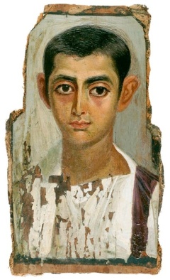 This mummy portrait – like many others – shows signs of having been cut down from its original size in order to fit its casing. One group of archaeologists have used this evidence to argue that the paintings were made from life, and only later adapted to funerary purposes.