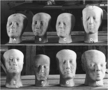 A group of false heads from an Old Kingdom tomb, excavated in 1913. They seem to have served much the same purpose as the Fayum paintings, produced 2,500 years later.