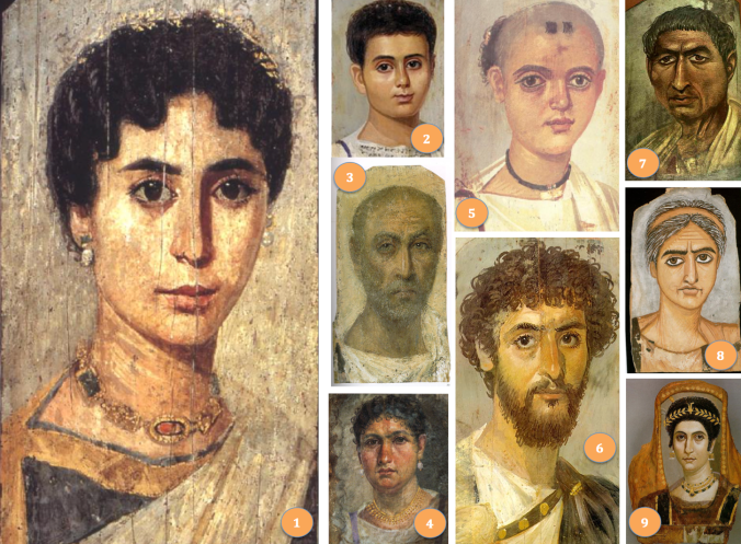 Some Fayum portraits, dating collectively to the period AD70-250. The numbers refer to discussions in the text.