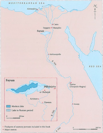 The Fayum oasis, showing the areas where the mummy portraits were found.
