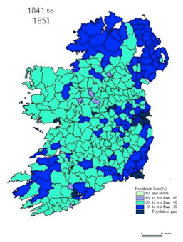 Loss of population in Ireland, 1841-51. The loss was greatest in the districts coloured purple, and still considerable in those rendered in green. The population actually rose in areas coloured blue-black. Map from Paul S. Ell, Mapping the Great Famine.