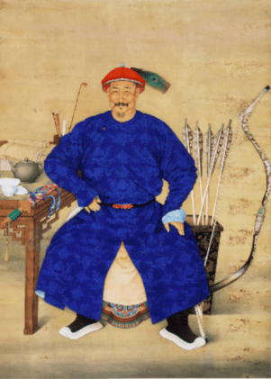 Martial race: a Manchu bannerman – a member of one of the eight great companies of warriors who underpinned the Qing state – painted to illustrate his noble qualities. Though cultured and literate (witness the writing materials at his elbow), he is also a vigorous warrior, happiest on horseback.