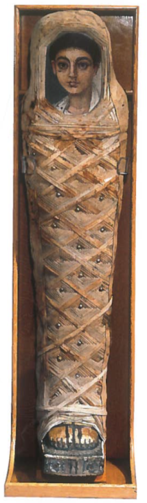A Fayum painting in situ, still resting on its original mummy case.