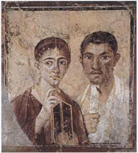 A wall painting from the house of Terrentius Neo, entombed during the eruption of Vesuvius in 79 AD. Its focus on head-and-shoulders portraiture and use of perspective are reminiscent of the Fayum paintings. 