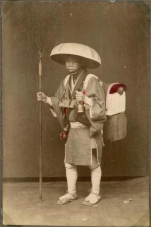 Wandering monks and Buddhist pilgrims were a staple of eastern societies for generations – this old photograph comes from Japan. They carried basic necessities in packs, and though this man seems considerably better equipped than most, even poorer mendicants might carry items such as scissors, needle and thread.