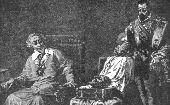 Charles, Cardinal of Lorraine, receives the head of Admiral Coligny, the leader of France's protestants, after the St bartholomew's Day Massacre of 1572. Four years earlier, the cardinal had paid for a team of Italians to