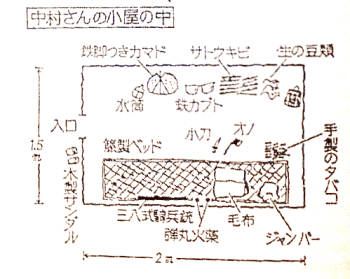 A Japanese newsdpaper sketch of Nakamura's hut, in which he lived for more than 20 years, alone in the mountains of the interior.