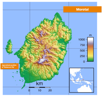 The approximate location of Nakamura's hiding place, on the suoth side of the island of Morotai.