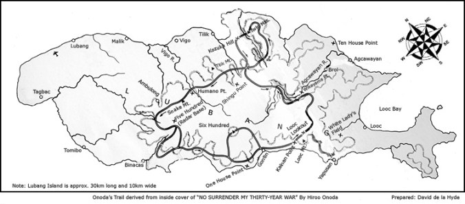 The island of Lubang is nearly 19 miles long by 6 miles wide. Onoda and three other Japanese stragglers circled regularly around series of temporary bases, as shown in this map by David de la Hyde. Click to view in higher resolution.