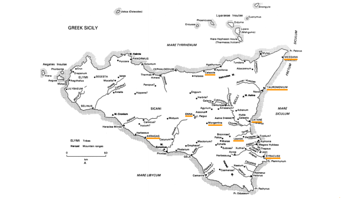 Sicily at the time of the First Servile War (from Donaldson). Place names mentioned in the text are underline in orange.