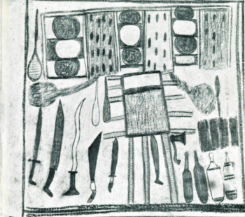 An Aboriginal drawing of a Makassan trepang processing site on the Australian mainland. Note the iron weaponry and bottles.