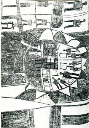 An Aboriginal drawing showing the port of Makassar, in the south-west of Sulawesi, and its immediate vicinity.