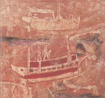An Aboriginal rock drawing of a prau. Dating of such images suggests that men from the East Indies may have begun visiting Australia as early as the 16th century.