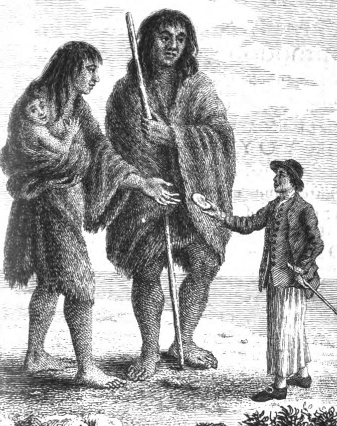 A sailor giving a Patagonian woman some biscuit for her child - frontispiece of the Byrion's voyages(1768).jpg