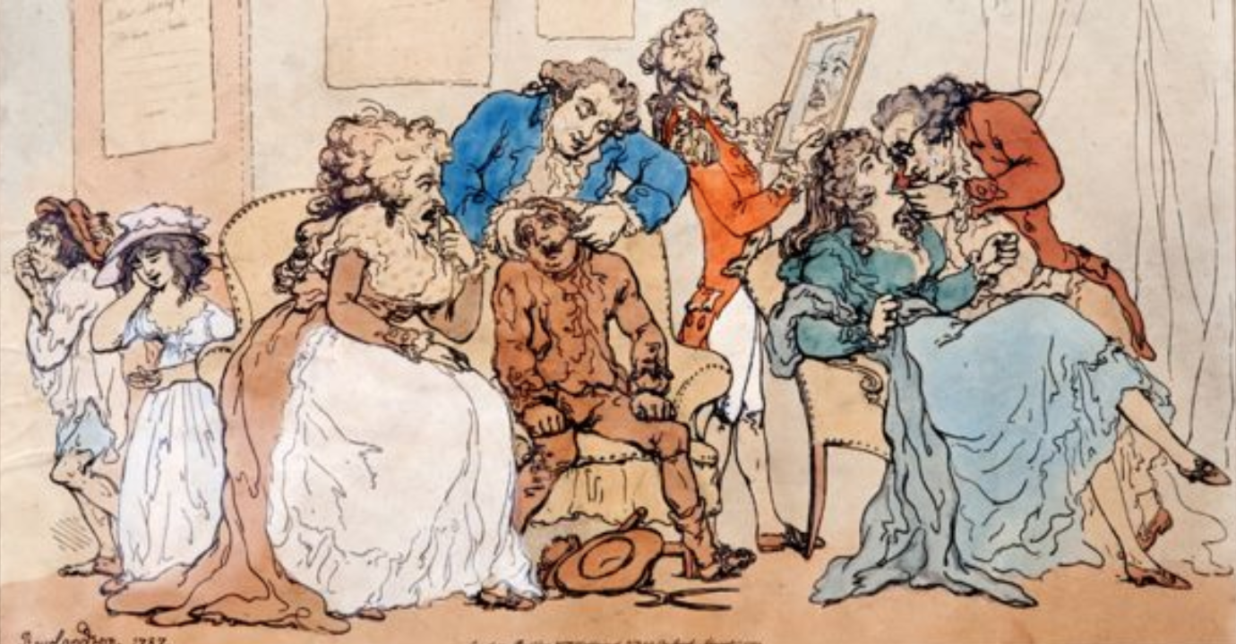 Rowlandson's 1787 cartoon shows a chimney sweep having a tooth extracted for transplantation into a wealthy woman.