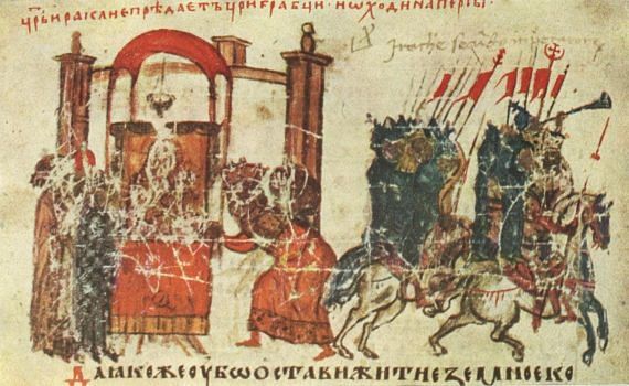 Emperor Heraclius sets off on a campaign against the Persians. – Miniature 43 from the Constantine Manasses Chronicle, 14 century.