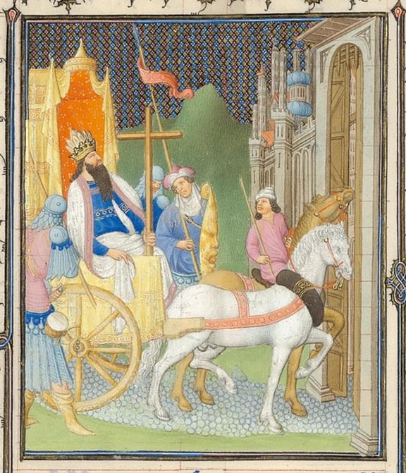 Heraclius returning the True Cross to erusalem - Belle_Heures_du_duc_de_Berry_-_f156r_-_Héraclius_rapportant_la_croix-e1556594521735