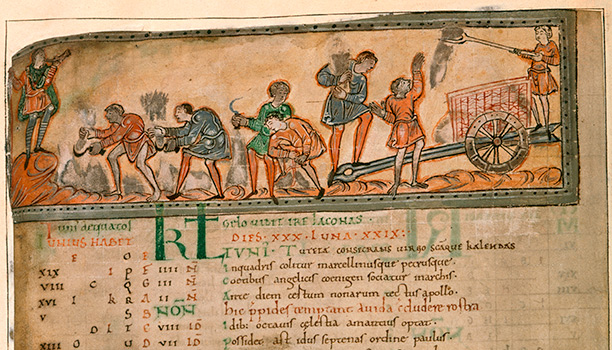 Working in the fields during the 11th century. The labourers in this image may have been freemen, villeins, cottars, or freedmen, as well as slaves, but the work they did would have been the same