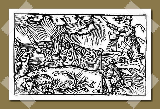 Scandinavian witches call up a storm - woodcut 1555